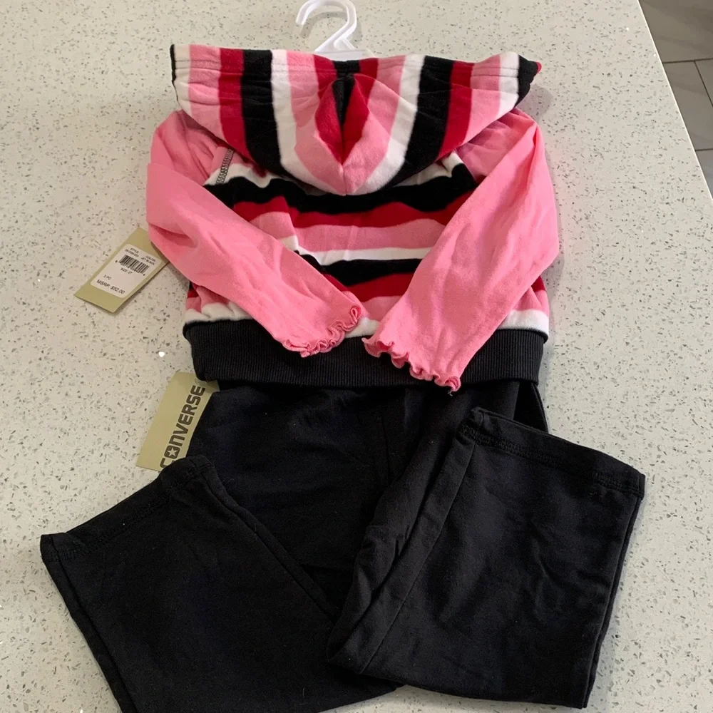 Converse Pink Black White Striped Hoodie Set